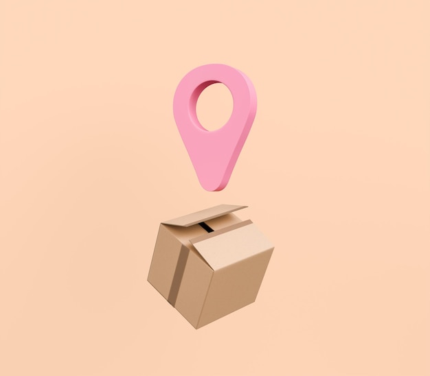Delivery Concept with Cardboard Box and Pink Location Pin