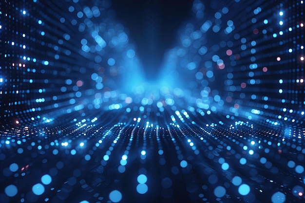 Depicting a blue digital background with dark blue gradient and dots of various sizes representing
