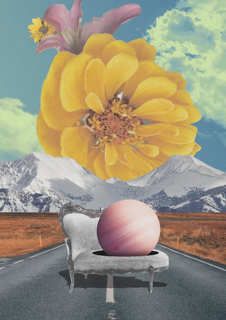 design painting of a couch with a flower on it and a mountain in the background