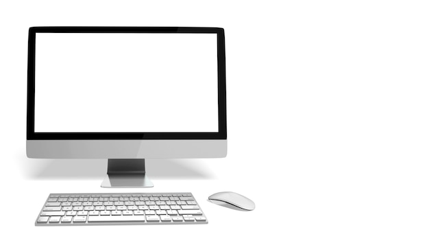 Desktop computer and keyboard and mouse on white