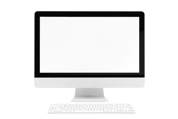 Desktop computer with wireless keyboard on a white background