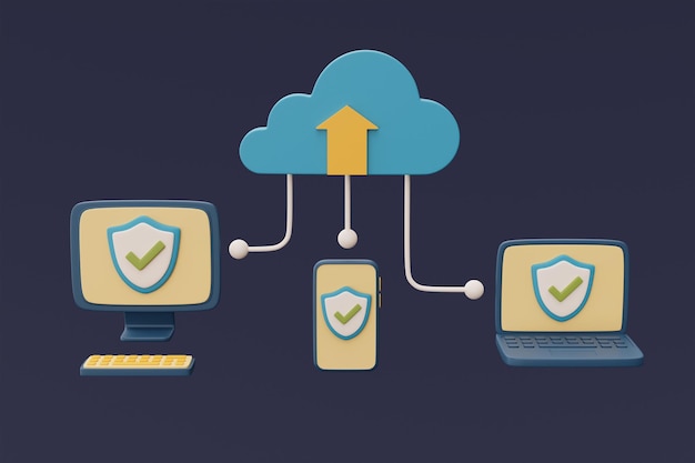 Devices connected to the cloudComputerlabtopsmartphoneprotection systemsglobal data sharingminimal style3d rendering