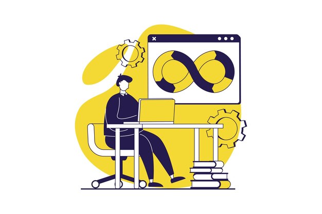 DevOps web concept with flat people for website design Man working with agile production cycles using management and programming connection creating teamwork infrastructure Vector illustration