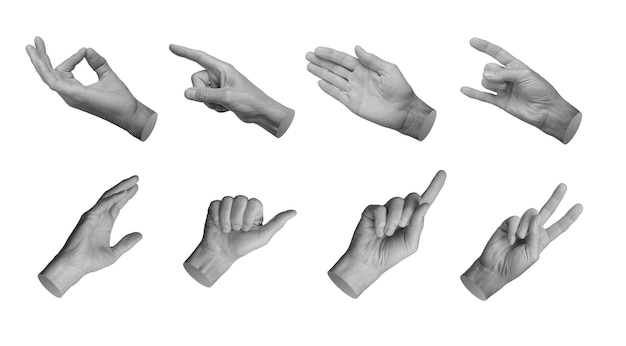 Different gestures set Zen pointing finger palm horns reaching out victory symbol hand sign