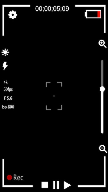 Digital camera viewfinder display with recording time camera settings animated on a black background