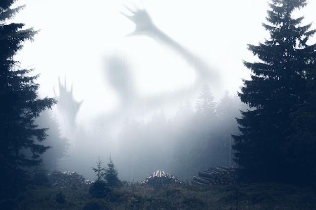 digital composite image of ghost shadow in fog at forest