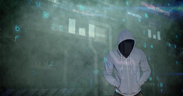 Digital composite image of hacker and screen