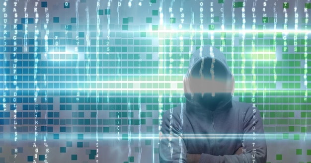 Digital composite image of hacker on screen