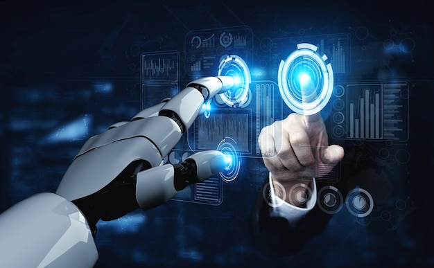 digital composite image of human hand with robotic arm touching fingers on digital display