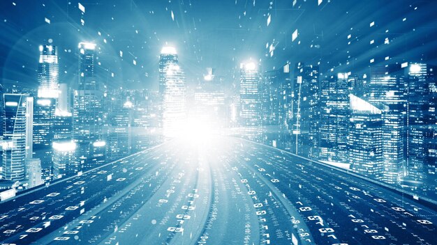 Digital data flow on road in concept of cyber global communication and coding with graphic creating vision of fast speed transfer to show agile digital transformation , disruptive innovation .