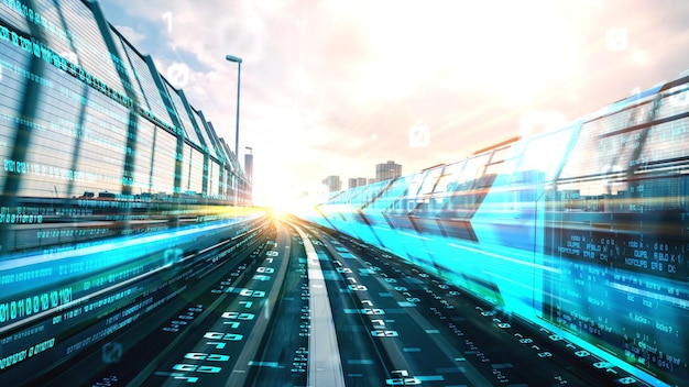 digital data flow on road in concept of cyber global communication and coding with graphic creating vision of fast speed transfer to show agile digital transformation , disruptive innovation .
