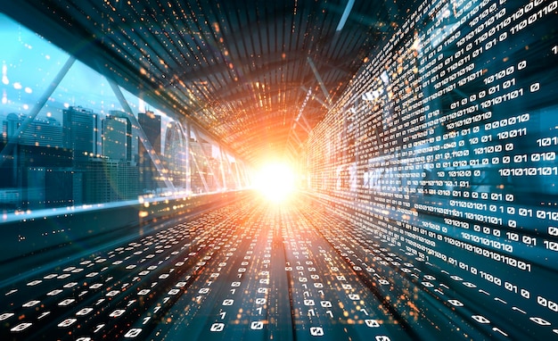digital data flow on road with motion blur to create vision of fast speed transfer