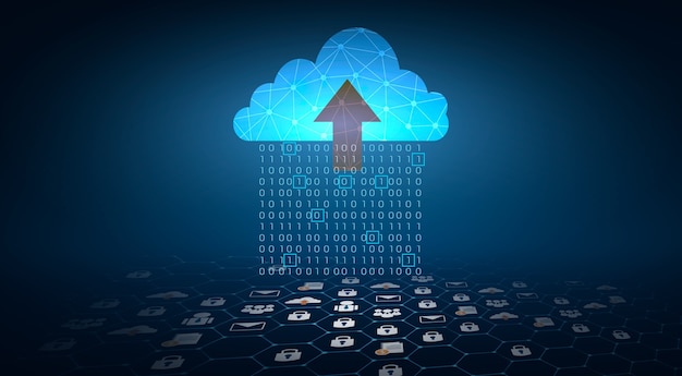 digital data set of binary numbers being sent to the clouds on a blue background.