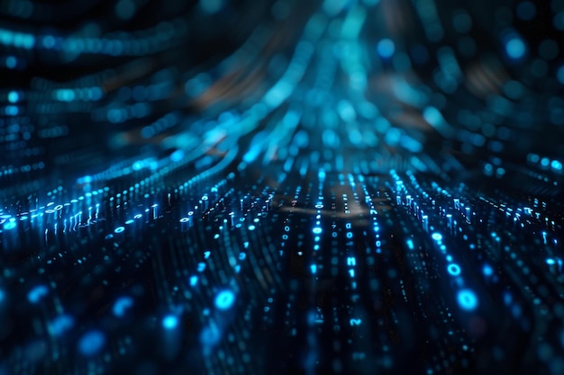 Digital data stream of blue numbers and code flowing in the dark space abstract background for technology or digital information concept with binary number on black screen