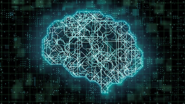 Digital data transfer inside deep learning  microprocessor brain circuit, artificial intelligence in modern computer technology concept, 3D illustration big data chip network processing