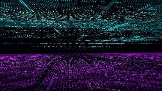 Digital database cyberspace Decoding algorithms hacked software Cyber security with moving particles Big data visualization 3d rendering
