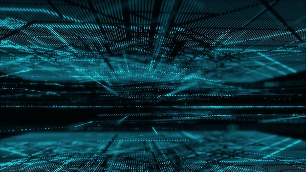 Digital database cyberspace Decoding algorithms hacked software Cyber security with moving particles Big data visualization 3d rendering