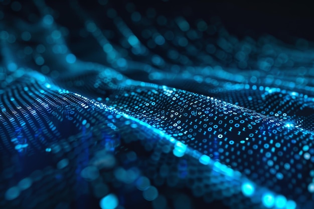 Digital datastrøm af blå tal og kode, der flyder i det mørke rum, abstrakt baggrund for teknologi eller digital informationskoncept med binært tal på sort skærm