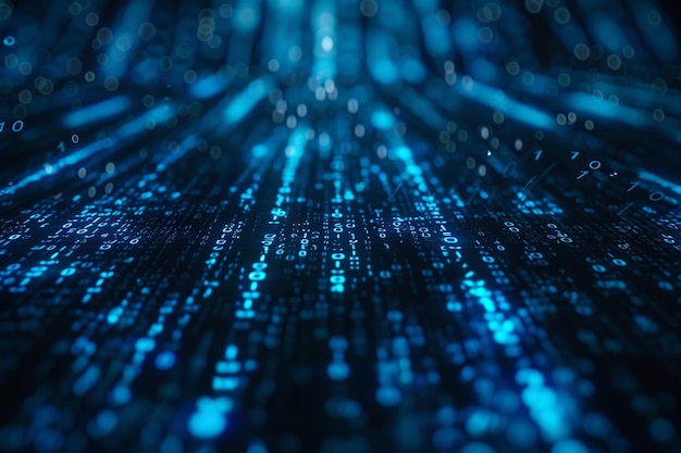 Digital dataström av blå siffror och kod som flödar i det mörka rummet, abstrakt bakgrund för teknologi eller digitalt informationskoncept med binära tal på svart skärm