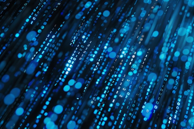 Digital dataström av blå siffror och kod som flödar i det mörka rummet, abstrakt bakgrund för teknologi eller digitalt informationskoncept med binära tal på svart skärm