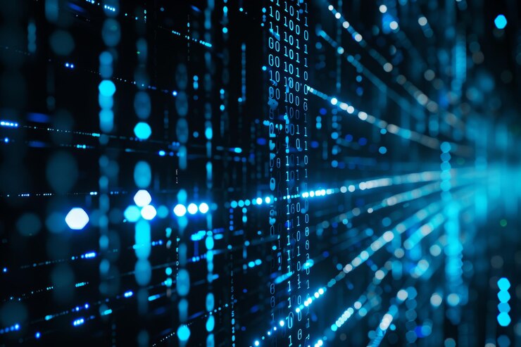 Bild digital dataström av blå siffror och kod som flödar i det mörka rummet, abstrakt bakgrund för teknologi eller digitalt informationskoncept med binära tal på svart skärm