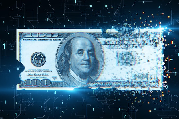 Digital dollar bill on blurry tech backdrop with binary coding Business and finance concept 3D Rendering