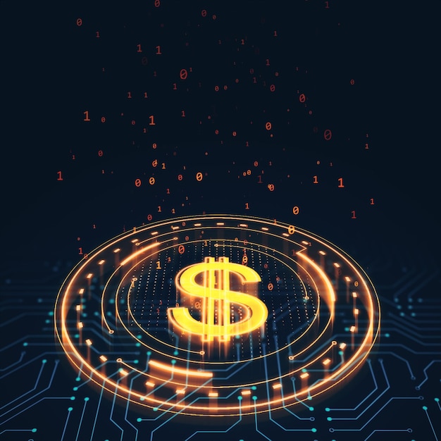 Digital dollar sign with binary code on dark background 3D Rendering
