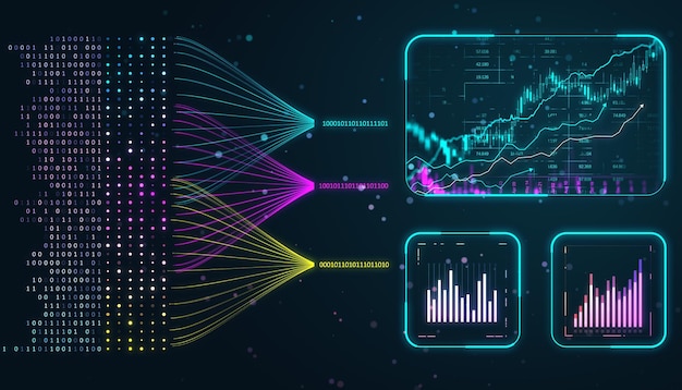 Digital financial data visualization with charts and graphs on a dark background 3D Rendering