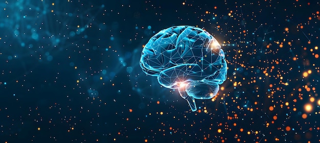 Digital human brain with stars on dark blue background