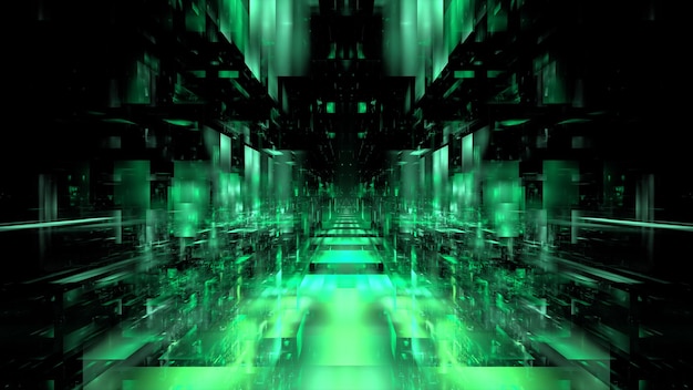 Digital indendørs byggeportal podium Hi tech Abstrakt datacenterservertonel Forretningsteknologi sløret Polygonal geometrisk digital cyberpunk-rumfarvelys 3D-rendering