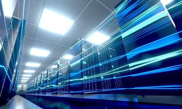 Digital information flow through data center with many computer racks