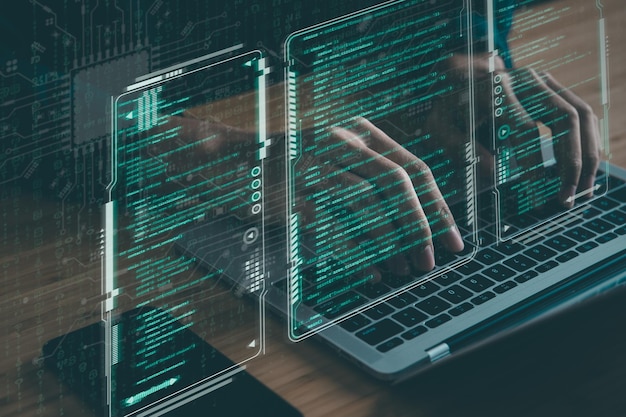 Digital information technology concept Businessman touching artificial intelligence screen