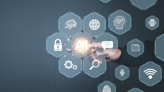 digital information technology concept businessman touching artificial intelligence screen