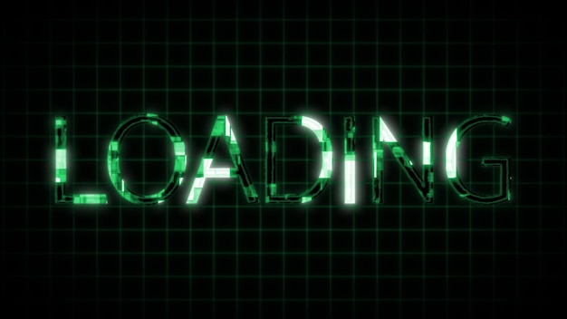Digital loading screen with glowing green text animated on a dark pixelated background