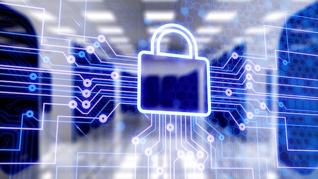 Digital lock icon and city background, concept