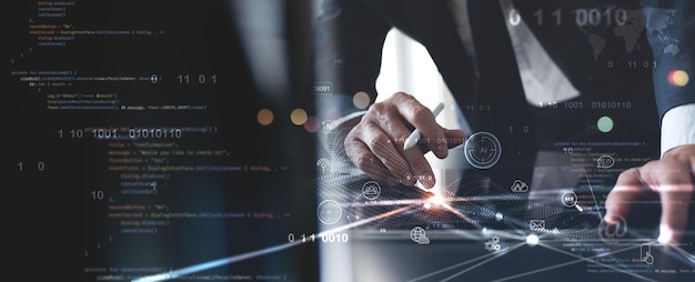 Digital marketing business intelligence Businessman using computer global internet network connection data analysis and management digital technology data science business plan and strategy