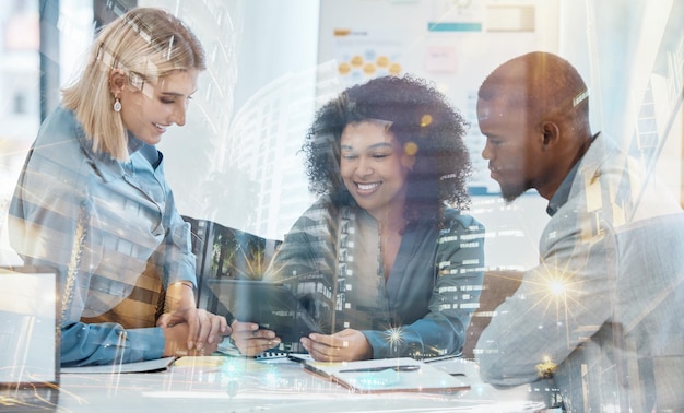 digital marketing team or business people in city office building with collaboration teamwork and planning of an online project happy tech corporate workers with seo analytics on a tablet at night