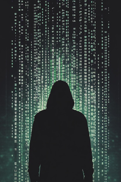 Digital network hacker computer technology data privacy binary codes generated by AI