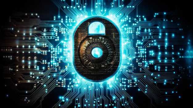 Digital screen showing shield lock symbolizing cyber security and internet protection