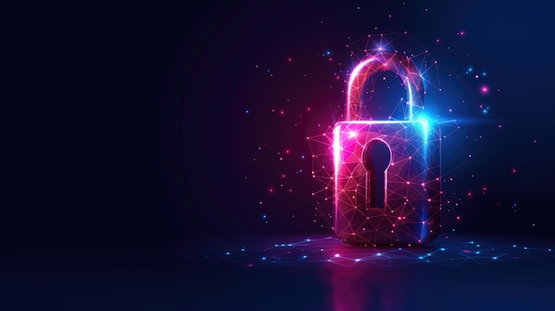 Digital Security Concept with Padlock and Network Connections in Futuristic Neon Lights