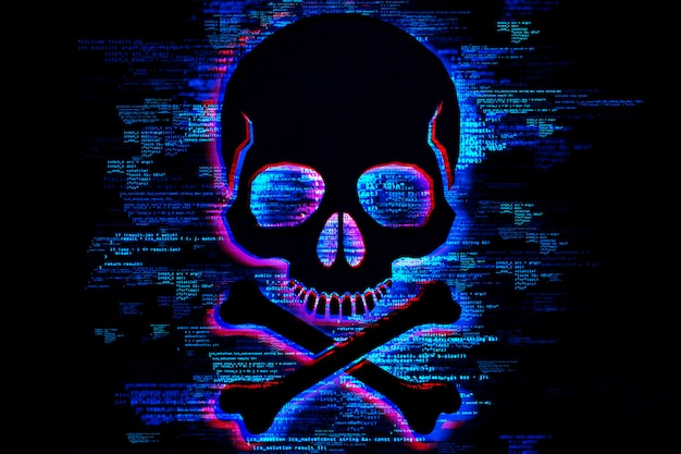 Digital skull and crossbones over coding script symbolizing cybersecurity threats 3D Rendering