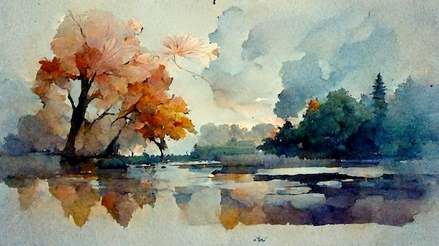 Digital structure of painting Watercolor landscape in the fores