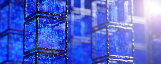 Digital technology background Blockchain Network Data Stream Cube with binary code Abstract tech background Abstract space background Computer code 3d rendering