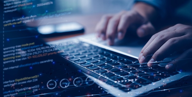 Digital technology Coding programmer and cyber security Software development javascript on virtual screen internet of things IoT
