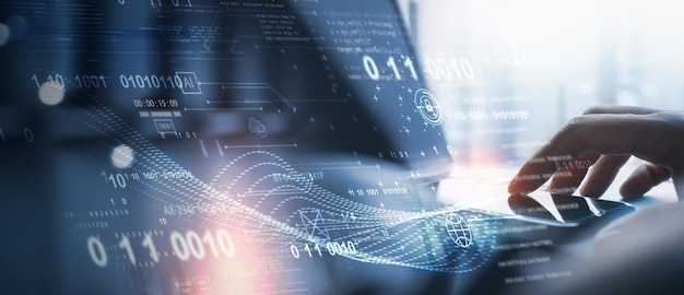 Digital technology data processing and engineering Computer programmer working with big data cloud computing and computer code on virtual screen data exchange innovative technology background