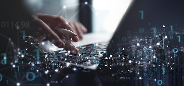 Digital technology internet network connection data exchange software development IoT internet of things Woman using computer with binary code software development technology background