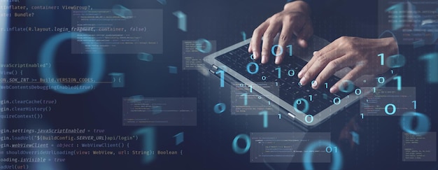 Digital technology software development agile methodology concept Coding programmer software engineer working on laptop with javascript computer code on virtual screen