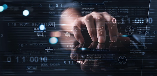 Digital technology software development AI Artificial Intelligence concept Computer programmer or software engineer programming with computer code and cloud computing technology background