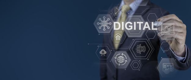 Digital transformation and digitalization technology concept businessman uses virtual screen to manage business processes blue wide banner