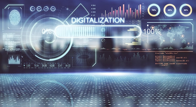 Digital transformation concept with big virtual screen with statistic indicators world map scheme and programming code